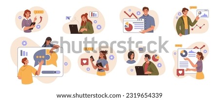 People team work. Business presentation. Study report. Research and develop from creative persons. Project teamwork. Workers showing infographics at whiteboard. Vector tidy flat set