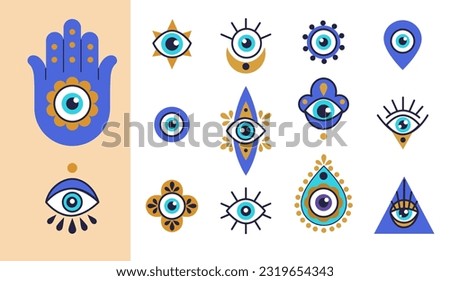 Turkish eye. Hamsa, blue greek pattern on hand, greece print or glass amulet, nazar tree symbol, art bead. Luck and protection sign, mystical talisman. Vector tidy illustration isolated icons