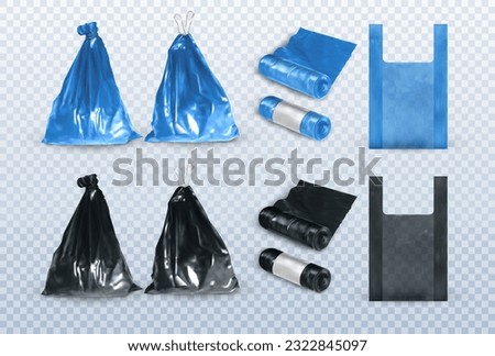 Plastic bags. Black and blue trash bag set. Bin garbage, 3d recycle waste roll, full with strings and empty. Realistic rubbish sack, recycling polyethylene pack vector exact isolated mockup