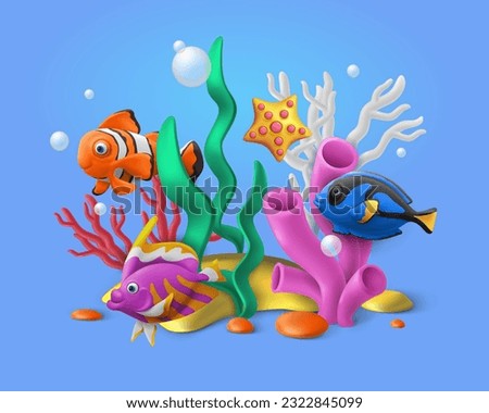 3d coral reef with fishes. Underwater ocean animals composition, aquarium with clownfish, summer sea marine tropical creatures. Clownfish and starfish. Isolated render vector exact cartoon toys