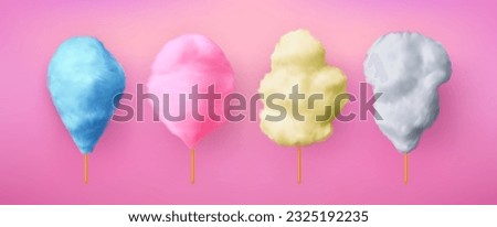 Cotton candy. 3d sweet sugar cloud different colors, white and pink fluffy floss, blue fair stick, carnival dessert. Delicious confection for kids party. Vector exact isolated objects