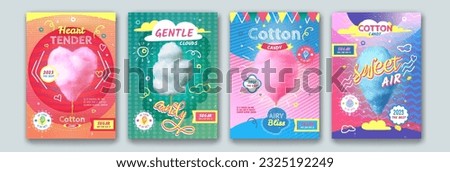 Cotton candy posters. Sweet sugar confectionery, nutrition snack flyer with text, fluffy floss promo banners. Packaging design. Festival or party food. Carnival dessert. Vector exact background