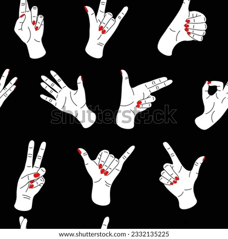 Doodle hands pattern. Seamless texture with divers male and female arms showing different gestures. Ok or victory finger poses. Contemporary print. Gesturing clipart. Vector background