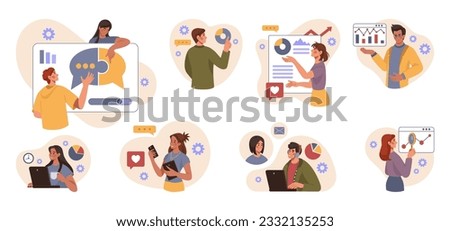 Business people. Team work. Success corporate persons. Job collaboration. Online teamwork. Workers showing infographics at whiteboard. Office employees set. Vector tidy flat concept