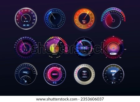 Odometer. Car speedometer. Gauge equipment panel. Speed meter. Motorcycle or motorbike rpm. Automobile drive. Kilometers measuring. Vehicle tachometers set. Vector exact progress bar