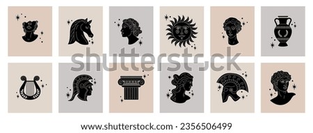 Ancient statues. Greek goddess silhouette. Broken sculpture body. David head from Greece marble for woman tattoo. Classic harp and amphora vase. Antique logo. Vector tidy cards set