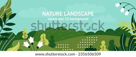 Nature landscape. Spring summer panorama with plants, green leaves and flowers. Countryside background. Village lands. Horizontal banner template. Cartoon flat isolated vector illustration