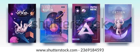 Space posters design. Future galaxy. Science and astronaut flight. Planets and 3D geometric shapes. Psychedelic cosmos man. Universe discovery banners set. Vector abstract backgrounds