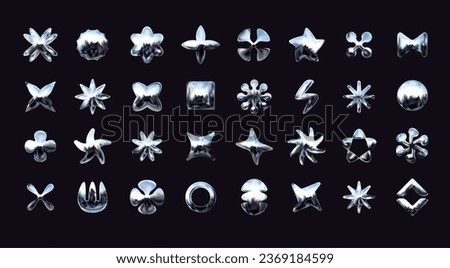 3D chrome shapes. Y2K flowers. Abstract silver holographic and geometric figures. Stars and crosses. Metallic icons. Quicksilver lightning. Minimal symbols. Vector graphic exact set