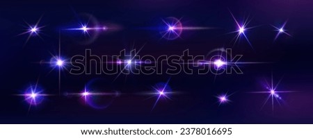 Light glow. Purple spark. Shine star. Bright flare or glitter shiny effect. Glossy glare. Space gleam. Twinkling gold flash. Camera lens sparkle. Starlight rays. Vector exact illuminated elements set