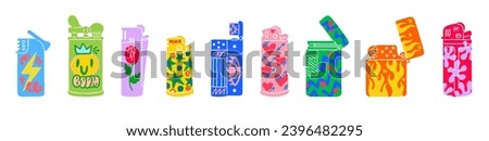Lighters colors design. Burning accessory. Weed smokers. Cigarette smoking. Fire and light plastic equipment with flowers. Bright abstract pattern. Doodle shapes. Metal tools set. Vector illustration