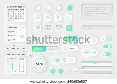 UI button. Kit Neomorphic app isolated elements, calendar UX objects, mobile web interface, template application, different icon, screen with buttons, tools and diagrams, dashboard for GUI vector menu