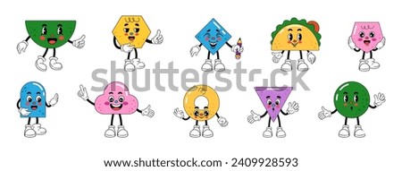 Cartoon geometric characters icon. Funny face, expression shape circle and square forms, happy simple, cute leg and arm, emoji in shoe comic flat design abstract, illustration. Vector tidy graphic