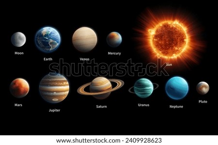 Planet of the Solar System. Space with Saturn, isolated Sun, Jupiter, Mercury and Moon, Venus and Mars, astronomical dust, interior educational astronomy poster. Vector external planetarium starry set