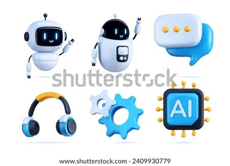 AI robot bot. Chat, chatbot technology, 3d artificial icon, GPT customer service, support character face, human intelligence. Cyborg, headphones, speech bubble. Vector customer app laptop illustration