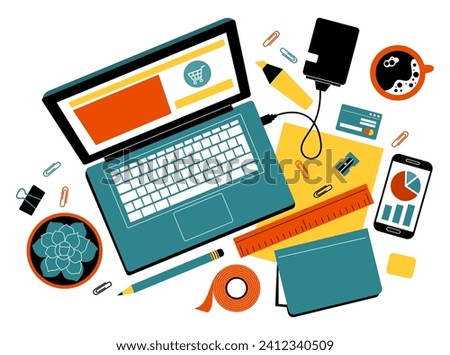 Office workplace. Work table top view. Laptop and paper documents on desk. Business technology. Mess on table. Computer screen and keyboard. Coffee cup. Notebook and stationery. Vector tidy background