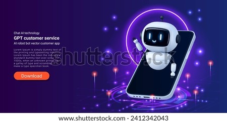 Chat AI technology. GPT customer service landing. Cartoon cyber character. Download website. Conversation robot. Phone app. Business support. Artificial intelligence chatbot. Vector web banner design