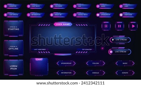 Stream twitch game icons. Buttons and overlay panel frame. Futuristic interface design. Live streaming. Neon user tag. Cyber glow modern name border. Streamers menu bar. Vector UI digital elements set