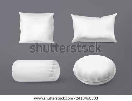 Realistic pillows. Square and round cushions collection. White blank comfortable orthopedic pillow with soft feather or synthetic filling. Bed accessory. Bedroom isolated element. Vector isolated set