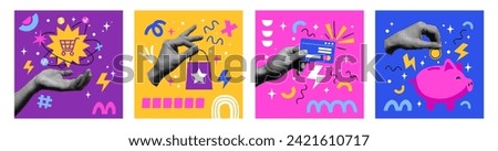 Market shopping collage card. Online purchase buy service. Design graphic shop. Comic halftone hand. Sale concept. Media retail commerce technology. Arm holding bag or money. Vector tidy banners set