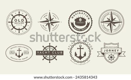 Nautical logo. Ship club icon. Navigation compass. Captain sailor yacht. Sailing wheel badge. Navy hat. Sea anchor. Ocean wave. Old marine emblem design. Maritime boat. Vector garish vintage signs set