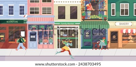 Shop street. People walk along city road. Cafe and bookstore. House exterior. Small business. Town store. Neighborhood building. Modern bakery storefront. Pedestrians at sidewalk. Vector illustration