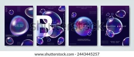 Hologram water drop. Holographic iridescent, pattern design neon, template abstract foil, 90s flyer, futuristic gradient, effect light. Soap bubbles flying. Vertical banners collection. Vector cover