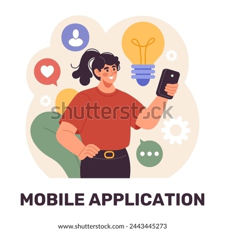 Corporate work. Mobile application. Phone business technology. Woman holding smartphone. Idea lamp. App developer. Company digital service user. Online communication. Office employee. Vector concept