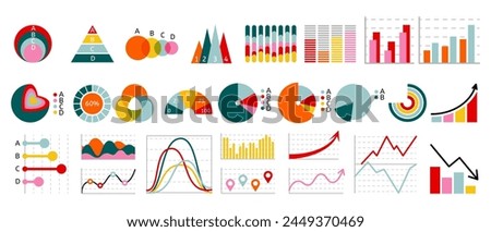 Graph chart. Growth graphic, arrow statistic, stock economy, financial diagram, data bar, business infographic isolated presentation decor elements, money profit, finance progress. Vector icon set