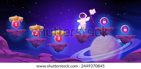 Game map. Astronaut progress level. Planet 2D background. UI computer space. Cartoon cosmonaut in spacesuit. Flying stone platform. Fantasy adventure. Alien travel. Galaxy arcade. Vector GUI elements