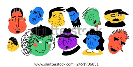 People face, abstract doodle style portrait. Unique funny characters, symbol quirky modern flat boy. Cartoon cool men and women, logo isolated design. Vector sketch young garish contemporary set