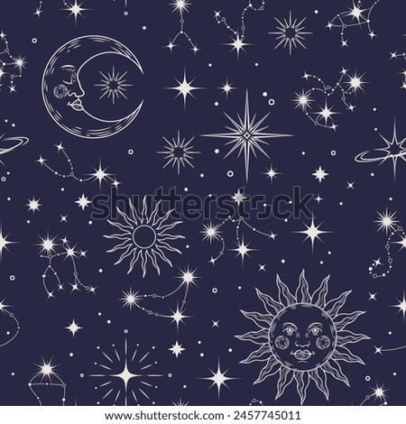 Celestial pattern, constellation texture. Zodiac star, astrology magic moon. Background seamless print. Sun vintage, witchcraft circle. Decor textile, wrapping, wallpaper design vector esoteric galaxy