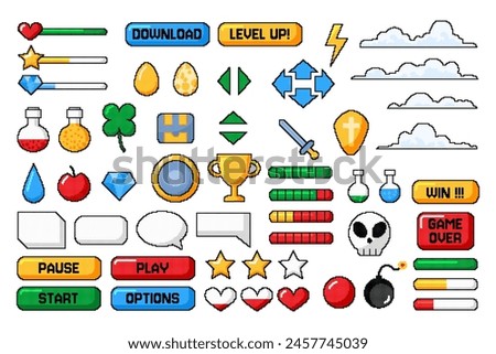 Games buttons. Pixel retro icons. Bit video gaming. Win arcade. GUI design. Cloud symbol. Lightning arrow. Heart bars. Comic dialogue menu. Square frames. Level play. Circle chat. Vector garish set