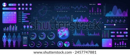 Dashboard graph. Data UI. Graphic infographic statistic. Financial analysis. Web diagram. Digital screen. Cyber panel application. Business control. Calendar planning. Vector indicator elements set