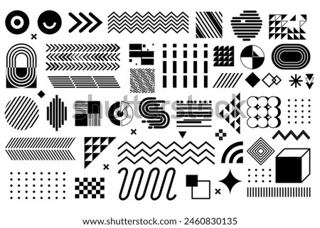 Element shape design. Geometric abstract isolated black elements, graphic line Memphis style, modern background, arrow geometry. Banner trendy decoration, dots and grid. Vector minimal illustration