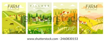 Farm poster. River and mountains, spring village, abstract field, summer tree forest park. Vacation in countryside, sky and grass, sun outdoor landscape. House and cows. Vector nature background