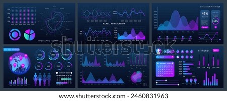 Analytics screen. Dashboard data graph. Panel application UI graphic. Statistic infographic. Financial web chart. Calendar control. Digital screen. Demographic diagram. Vector business backgrounds set