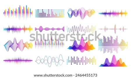 Sound wave. Music audio, voice frequency, radio rhythm. Media bar, audio beat. Logo colorful line, motion waveform equalizer tone. Musical soundtrack digital visualization. Vector clipart background