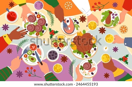 Party table. Family dinner. Lunch meal. Friends meeting. People talking and eating holiday food together. Drink cups. Chicken and snacks on plates top view. Bright tablecloth. Vector tidy illustration