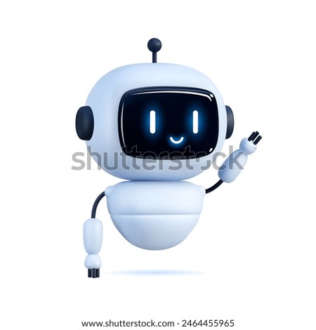 Happy robot. 3d ai character, chat bot mascot isolated on white background, GPT chatbot icon. Artificial intelligence, trendy technology, support service, funny automaton computer vector illustration