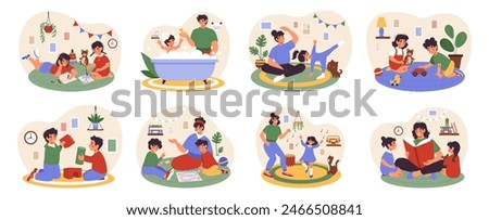 Family playing. Home games. Happy parents with kids. House leisure. Mother reading book to girls. Father bathing baby. Mom cooking together with boy. People lifestyle. Vector tidy fun activities set