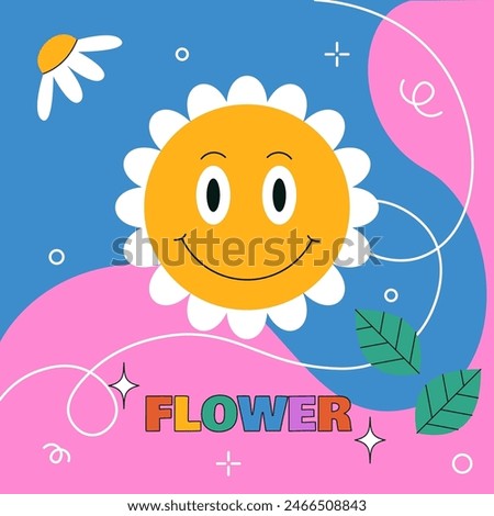 Abstract shapes. Happy flower. Groovy chamomile. Smiling face. Retro emoticon. Positive emotion expression. Daisy bud and plant leaves. Hippie blossom square sticker. Cute emoji. Vector 70s banner