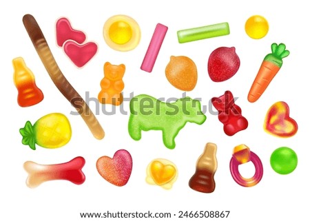 Candy gummy. 3D jelly sweets. Chewing fruit. Soft gum. Marmalade bears. Cute lollipop. Sugar animals. Kids food. Cola bottle and bone gelatin shapes. Packaging print. Vector yummy confectionery set