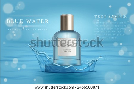 Water splash perfume. Cosmetic product advertising poster design. 3D glass spray bottle. Perfumery fragrance. Aqua surface. Liquid splatter drops. Wet texture. Aroma brand. Vector ad blue background