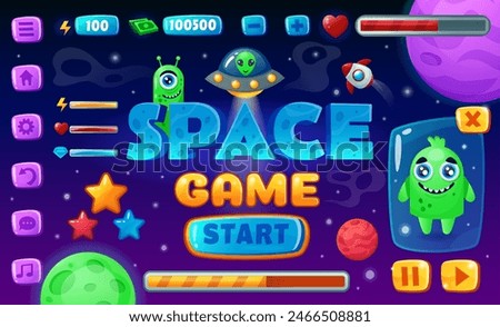 Game UI. Cartoon space arcade interface. Galaxy adventure. Gamers icons. Start level logo. Menu board design. Alien character. Spaceship winner. Playing signs. GUI elements set. Vector tidy background