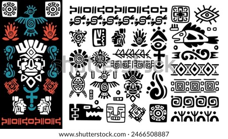 Tribal pattern. African silhouette print. Ethnic border. Ancient tribe. Aztec and Mayan graphic. Mexican shapes. Mexico or Peru decorations. Inca texture. Navajo elements. Vector tidy ornaments set