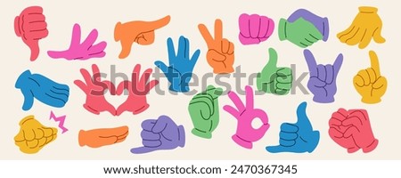 Color hand gestures. Ok icon. Thumb finger up. Cartoon characters handshake. Love heart palm sign. Pointing forefinger. Line logo. Retro arm emoji. Modern abstract graphic. Vector flat symbols set