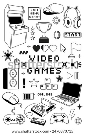 Game video icons. Retro arcade poster design. Doodle illustration. Outline console. Control joystick. White laptop. Computer playing. Sketch gadget. Gamers elements set. Vector technology fun simple