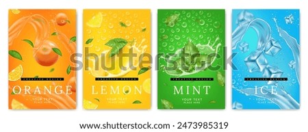 Fruit poster, splash water. Lemon, orange, green mint and ice in liquid in motion. Background fresh, drop drink 3d. Menthol flavor, citrus juice. Cold summer banner. Vector realistic isolated elements