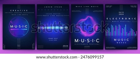 Electro music. Concert invitation. Sound poster design. Musical line waves. Voice frequency. Radio rhythm. Abstract gradient background. Graphic equalizer. Vector future color audio party flyers set